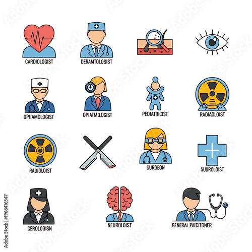 Medical Specialty Icons Set: Cardiology, Dermatology, Ophthalmology, Pediatrics, Radiology & More