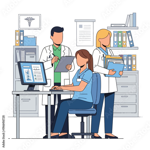 Medical Team Working at Desk with Computer and Files in Clinic Office