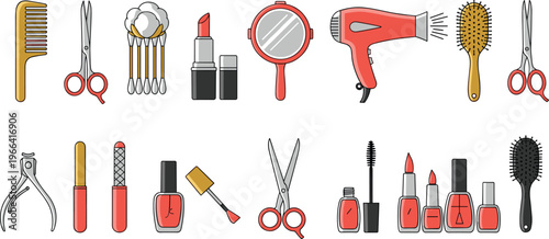 Beauty and Hair Salon Tools Collection with Scissors, Comb, Hairdryer, Makeup and Nail Polish, Professional Cosmetic Equipment Vector Illustration Set