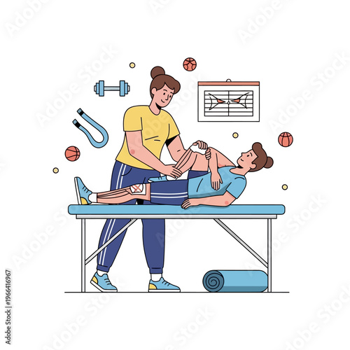 Physiotherapist helping patient with leg rehabilitation on examination table, sports therapy concept