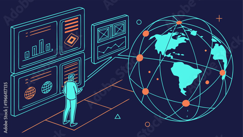 Worldwide video content distribution over global network, connected data nodes visualization.