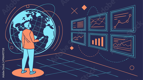 Technology concept of global network with video streaming and data transmission system.
