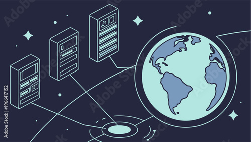 Futuristic global network with multimedia streaming and digital communication technology.