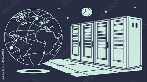 Global digital network with streaming video content, connected nodes and real-time data transmission technology concept.