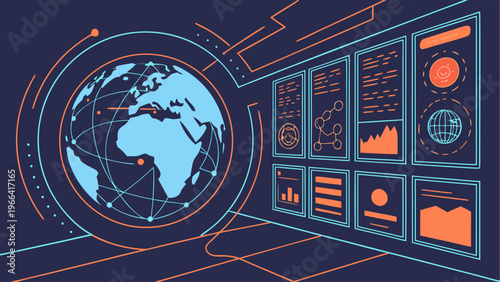 Global network and video content streaming concept with connected digital nodes and multimedia data flow.