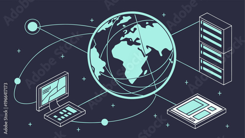 Global internet network showing video content flow and digital communication links.