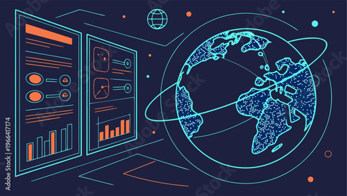 Modern internet network with video streaming and connected global data systems.