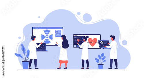 Medical Team Analyzing Data on Screens: Heartbeat, Radiation, and Medical Tech