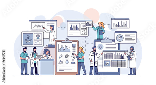 Medical Team Analyzing Data and Charts on Digital Screens