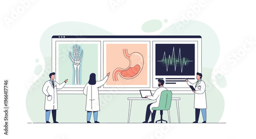 Medical Team Analyzing Health Data on Digital Screen: X-ray, Stomach, ECG