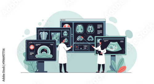 Medical Team Analyzing MRI, CT Scan, and Ultrasound Images on Screens