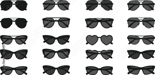 Black Sunglasses Collection with Different Styles and Shapes, Fashion Eyewear Set for Summer Accessories, Trendy Shades Vector Illustration