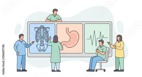 Medical team discusses patient's health with x-ray, stomach, and heart monitor display