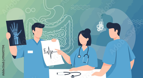 Medical Team Discussing X-ray and ECG in Modern Clinic