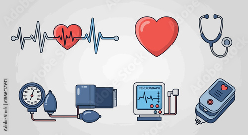 Medical Equipment and Heartbeat Icons: Cardiology, Health, and Vital Signs