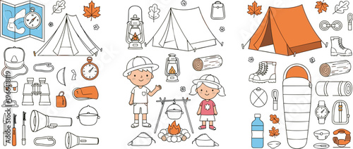 Camping Adventure Elements Collection with Tent, Kids, Campfire and Outdoor Equipment, Cute Travel and Hiking Vector Illustration Set