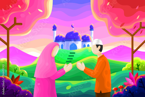 Muslims are visiting neighbors on Eid al-Fitr after Ramadan with a mosque and beautiful natural scenery in the morning or sunrise in the background. Colorful faceless vector cartoon illustration