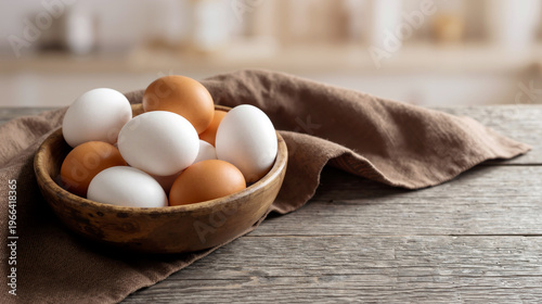 A beautiful arrangement of fresh white and brown chicken eggs in a rustic wooden bowl on a wooden table setup in a bright kitchen. Generative AI.