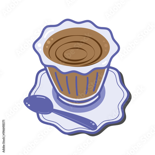 Coffee Cup with spoon on saucer Mediterranean hand drawn style Sticker Icon Minimalistic Flat design. Isolated Vector illustration Sticker Icon Coffee Related Mood Content or Greeting Cards, leaflets