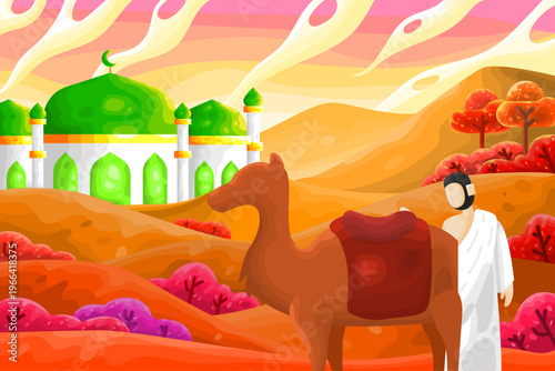A Muslim man with his camel heads to the mosque in the desert after performing the Hajj pilgrimage on Eid al-Adha. Colorful faceless vector cartoon illustration