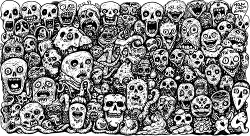 Horror and Macabre Black and White Line Art Illustration: A Grotesque Crowd of Zombie Skulls, Monstrous Faces, and Creepy Creatures in Hand-Drawn Doodle Style.