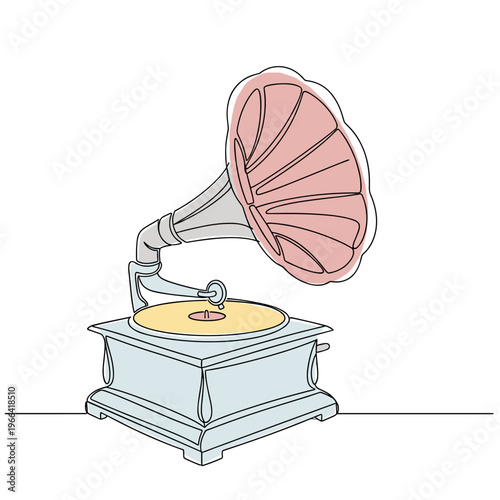 Vintage gramophone with horn speaker in minimal continuous line illustration with soft pastel fills