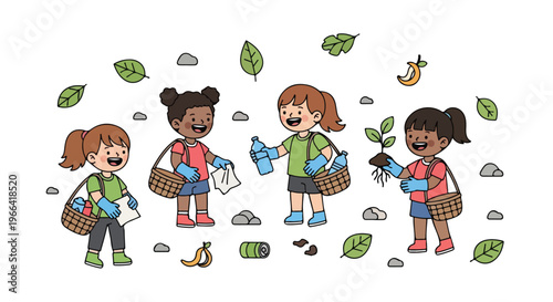 Four happy children are working together to clean up litter and plant a new tree, promoting environmental awareness and community service.