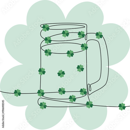 Ale mug with quatrefoils on contour and Clover leaf Backdrop One continuous line Minimal flat design. Vector illustration Greetings Thematic cards design element media post, promo and print materials