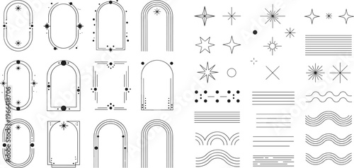 Abstract geometric shapes and frames with stars and lines simple minimalist design elements.