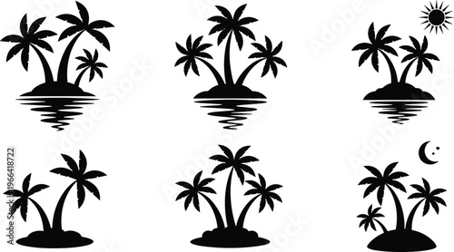 Tropical palm trees on islands with reflections in water sunset moon and star sky.