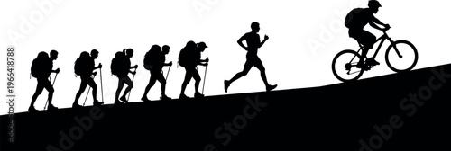 A group of people exercising and engaging in various physical activities on a hill