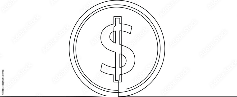 Obraz premium Continuous line drawing of a dollar sign inside a circle on transparent background.