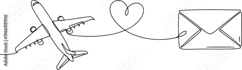 Line art drawing of airplane flying with heart shaped trail to an envelope symbolizing airmail delivery.