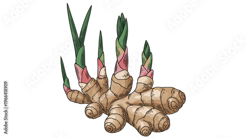 Fresh ginger root with green shoots botanical illustration natural spice ingredient