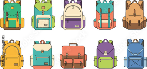 Colorful Backpack Collection with Different Styles and Designs, School Bags Set for Students Travel and Fashion Accessories Vector Illustration