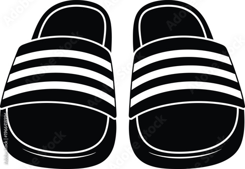 Pair of black and white slide sandals with three stripes.