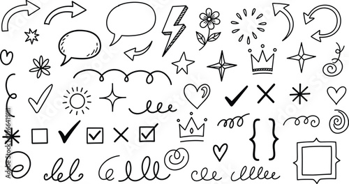 Hand drawn doodle symbols including arrows stars hearts crowns and speech bubbles.