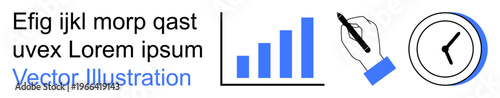 Business strategy, data analysis, time management, productivity tools, creative brainstorming, performance metrics. Bar graph, hand writing with pen and clock icon. Data analysis and time management