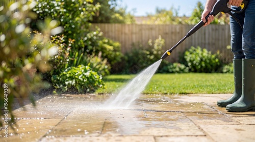 Person using pressure washer to clean stone patio in sunny backyard garden. Home maintenance, outdoor cleaning and house care concept.