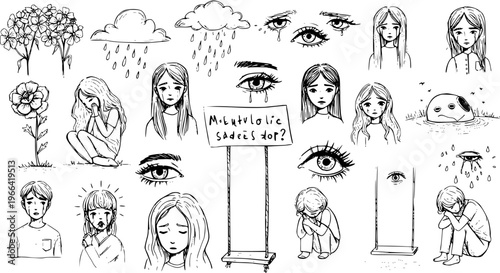 Black and White Line Art of Sad and Crying Faces, Flowers, and Clouds, Expressing Depression and Loneliness