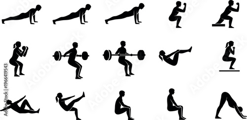 A collection of black silhouettes depicting various exercise poses and movements for fitness and health
