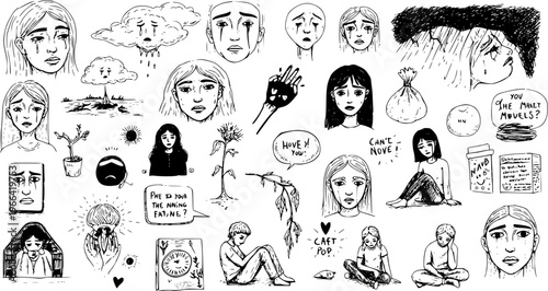 Black and White Line Art of Sad and Crying Faces and Figures, Mental Health and Depression Symbols