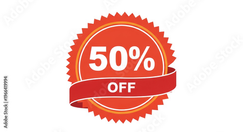 Red 50 percent off sale badge, promotional discount sticker with ribbon, half price offer tag for retail marketing and seasonal shopping events isolated PNG with Transparent Background