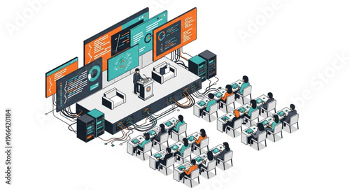 Isometric View of a Tech Conference with Data Screens and Audience.