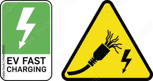 Electric vehicle fast charging and damaged cable warning signs