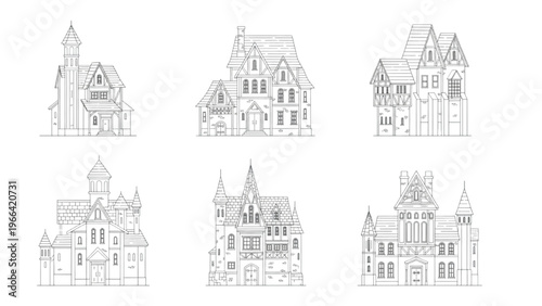 Detailed Line Art Set of Houses and Mansions with Ornate Features and Towers