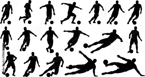A collection of black silhouettes of soccer players in various poses and movements on a white background