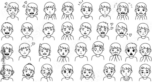 Human Emotions Line Art: Diverse Black  White cartoon character faces and expressions depicting happiness, sadness, surprise, anger, fear, and confusion.