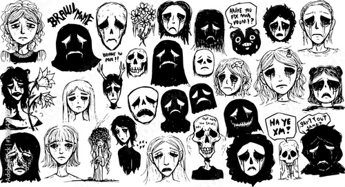 Black  White Line Art Doodle Collection of Sad Crying Faces, Skulls, and Ghosts Illustrating Mental Health, Emotional Distress, and Psychological Melancholy