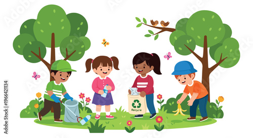 A group of multicultural kids is actively cleaning up trash and recycling in a vibrant park surrounded by lush trees and nature.
